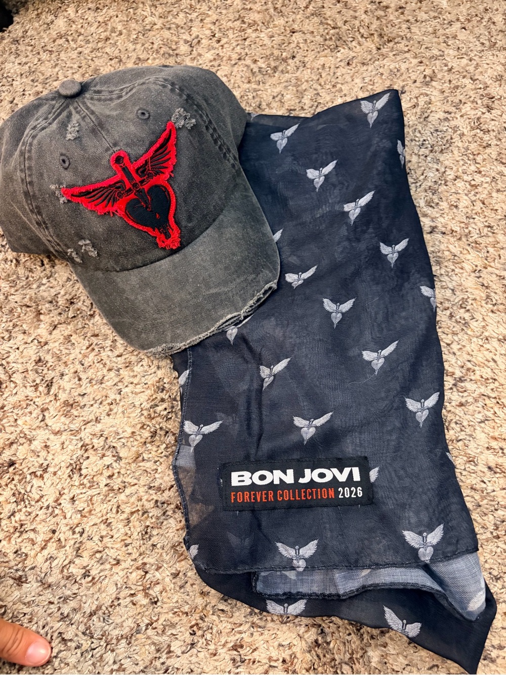 Black Distressed Baseball Cap with Red Winged Heart Patch - Picture 1 of 5